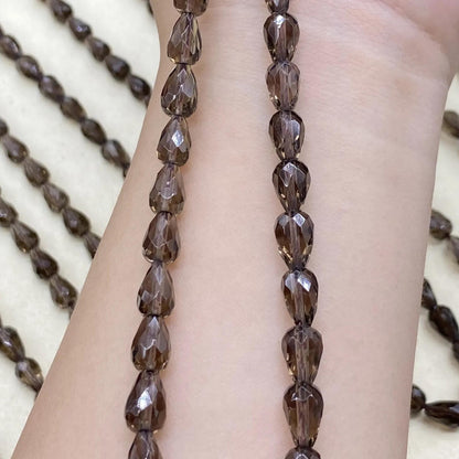 Facettierte Rauchquarz Tropfenperlen für DIY Schmuck, Natur Edelstein Strang, Teardrop Form, handgeschliffen, ca. 38cm lang