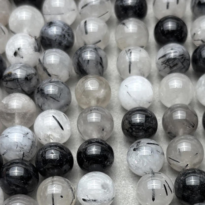 Natürliche schwarze Rutilquarz Perlen für DIY Schmuckherstellung – Edelstein Rundperlen mit Einschlüssen, Glatte 10mm Perlenstrang 38cm