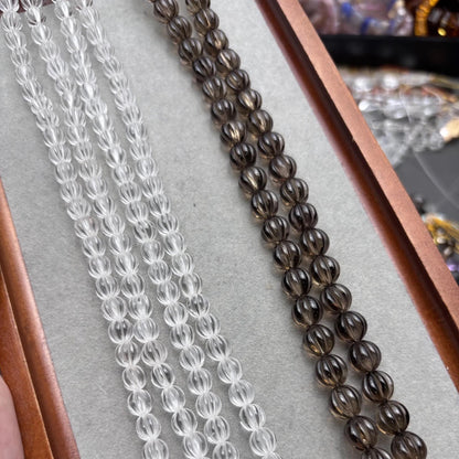 Natürliche Bergkristall und Rauchquarz Melonenperlen – Handgeschnitzte Laternen Edelsteinperlen für DIY Schmuck Strang ca. 38cm