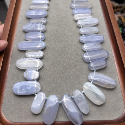 Natürliche Blauachat Lace Perlen Strang, Polierte Flache Oval Edelsteinperlen, Heilsteine für DIY Schmuck, Armbänder und Halsketten