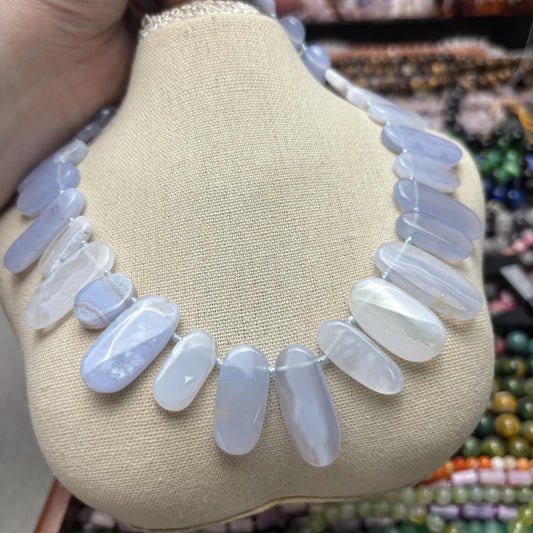 Natürliche Blauachat Lace Perlen Strang, Polierte Flache Oval Edelsteinperlen, Heilsteine für DIY Schmuck, Armbänder und Halsketten