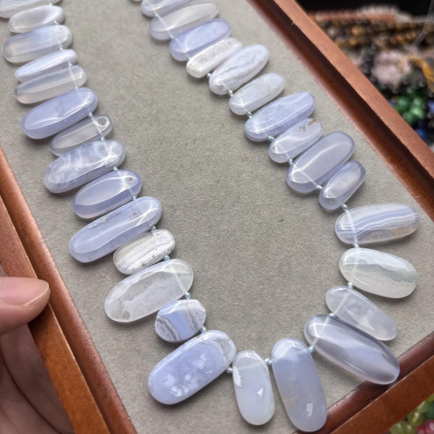 Natürliche Blauachat Lace Perlen Strang, Polierte Flache Oval Edelsteinperlen, Heilsteine für DIY Schmuck, Armbänder und Halsketten