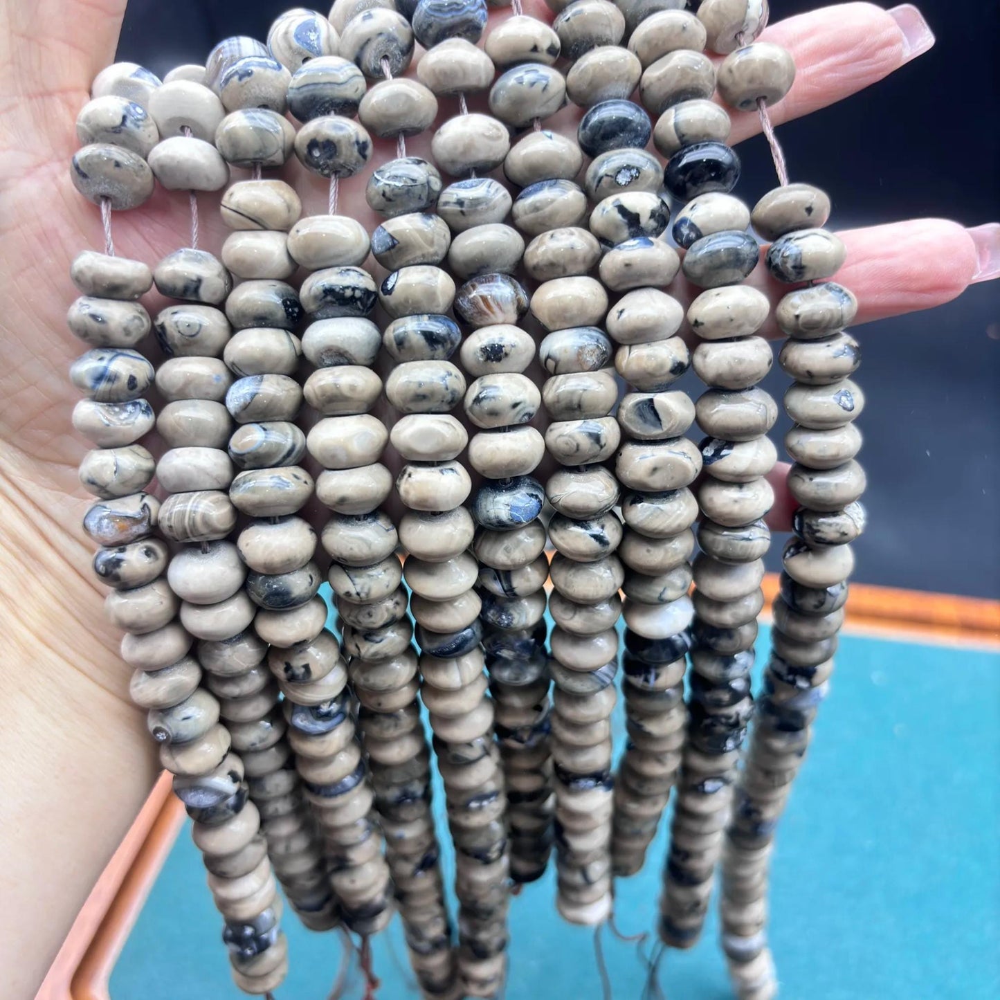 Vintage Achat Rondelle Perlen – Natürliche flache Abacus-Spacer für DIY-Schmuck, Boho-Design, graue Mixfarbe, 1 Strang Steinperlen