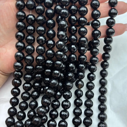 Facettierte schwarze Achatperlen – Natürliche runde Edelsteinperlen für DIY-Schmuck, glänzend, 1 Strang ca. 38cm, klassisch & elegant