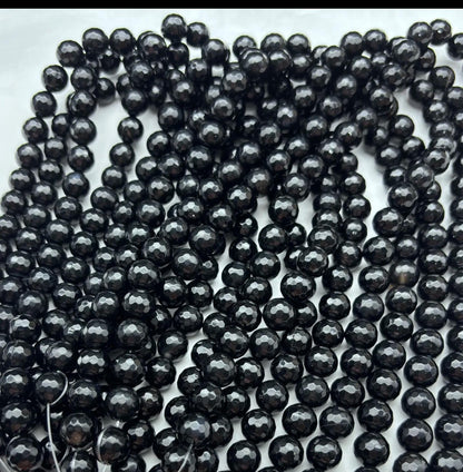 Facettierte schwarze Achatperlen – Natürliche runde Edelsteinperlen für DIY-Schmuck, glänzend, 1 Strang ca. 38cm, klassisch & elegant