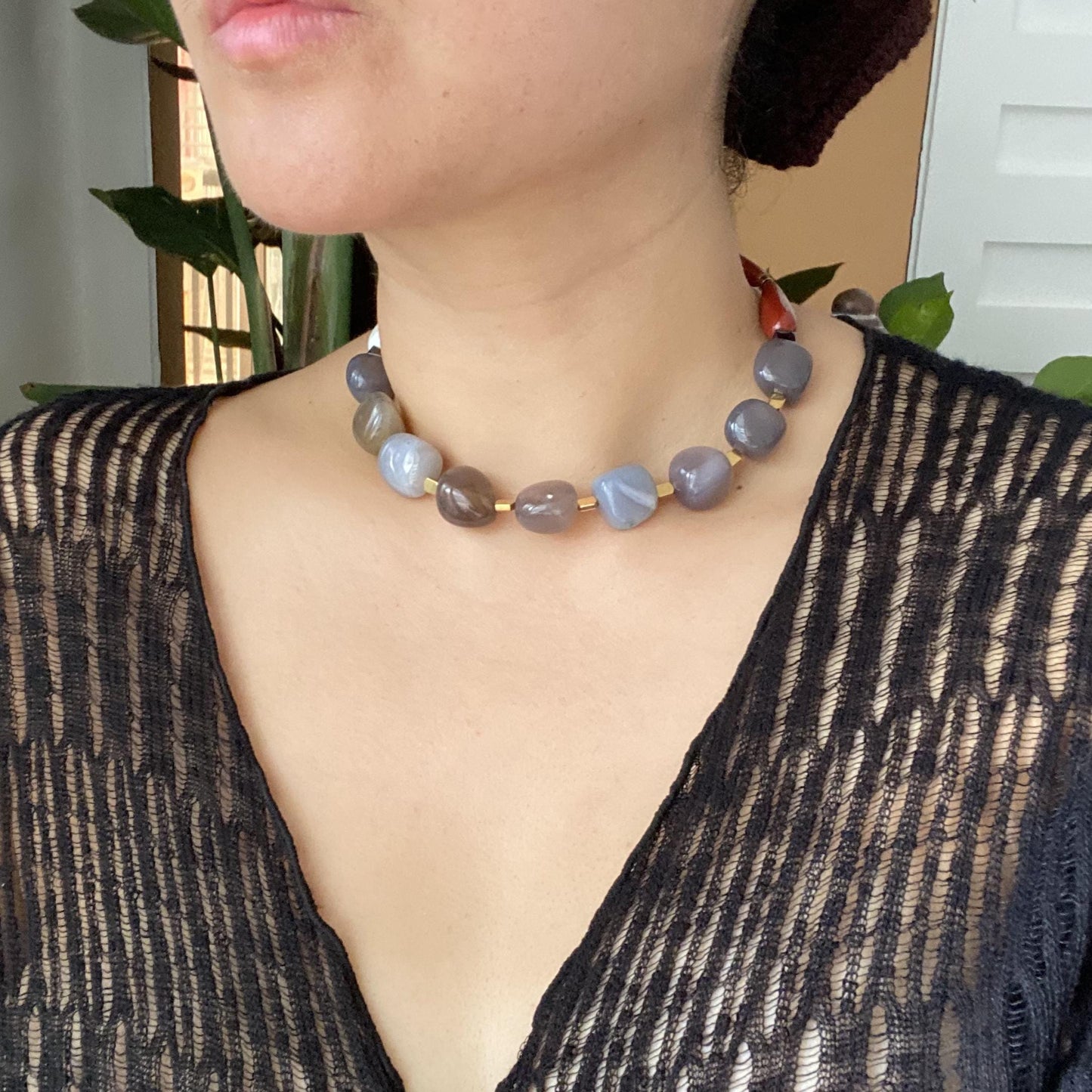 Chunky Edelstein Halskette · Natürlicher Achat & Rotstein · Boho Statement Schmuck · Handgemachte Choker Kette Geschenkidee