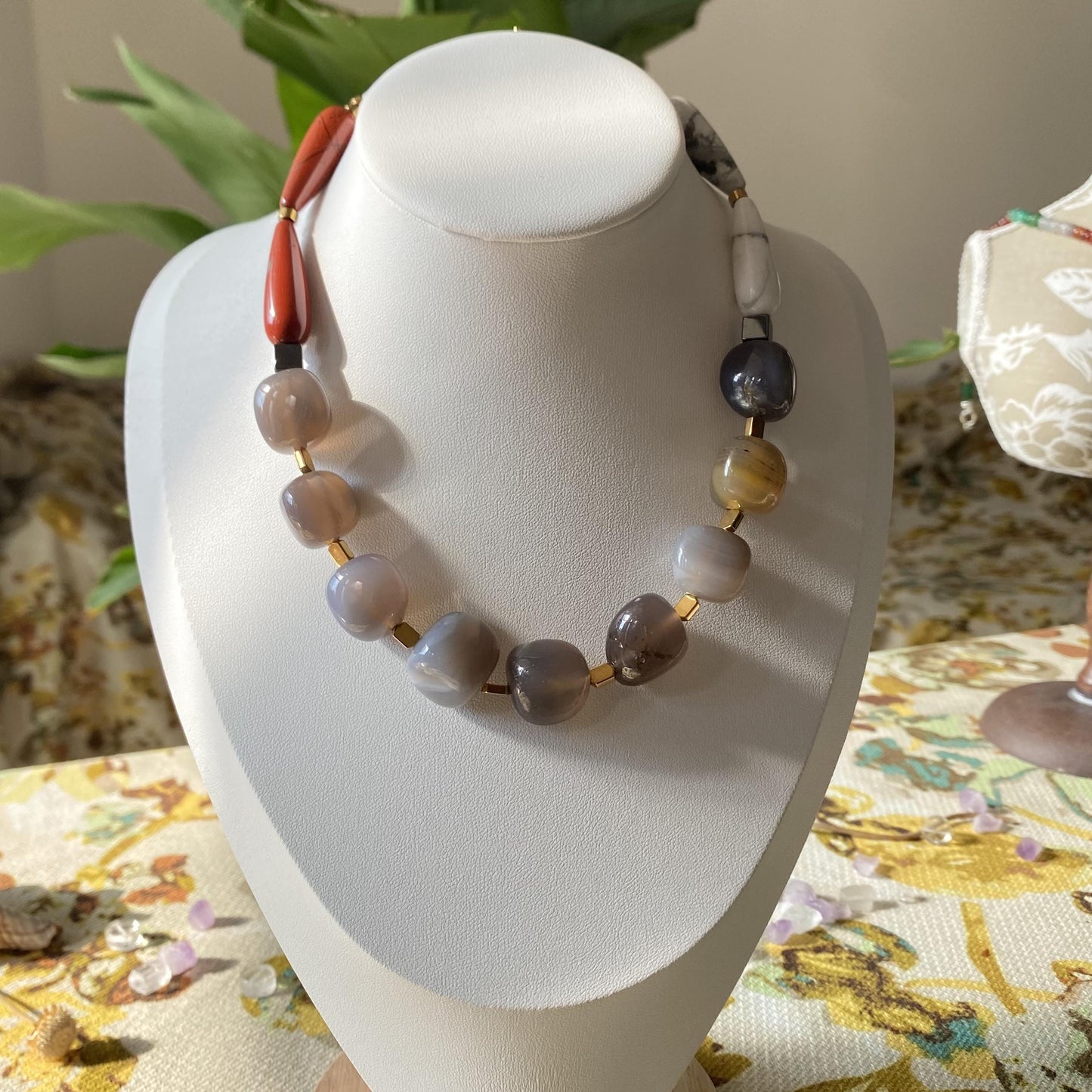 Chunky Edelstein Halskette · Natürlicher Achat & Rotstein · Boho Statement Schmuck · Handgemachte Choker Kette Geschenkidee