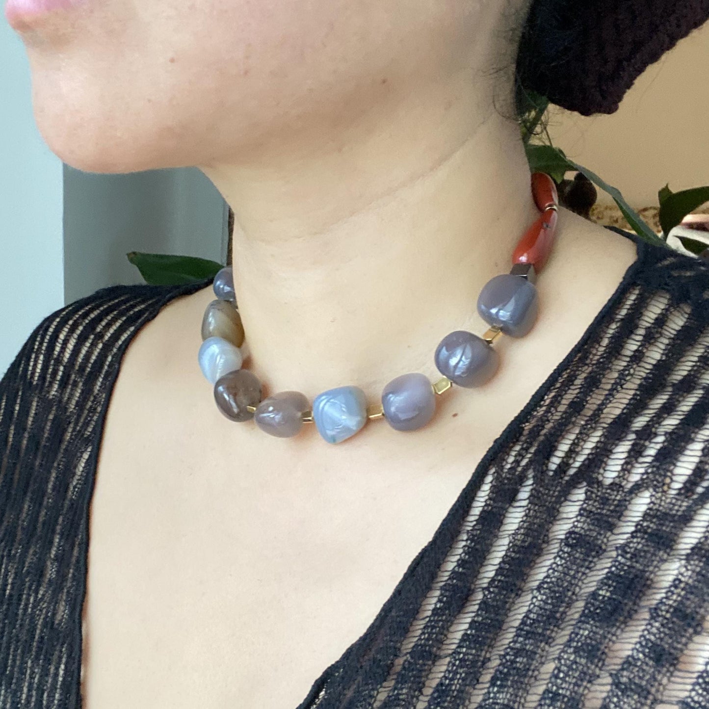 Chunky Edelstein Halskette · Natürlicher Achat & Rotstein · Boho Statement Schmuck · Handgemachte Choker Kette Geschenkidee