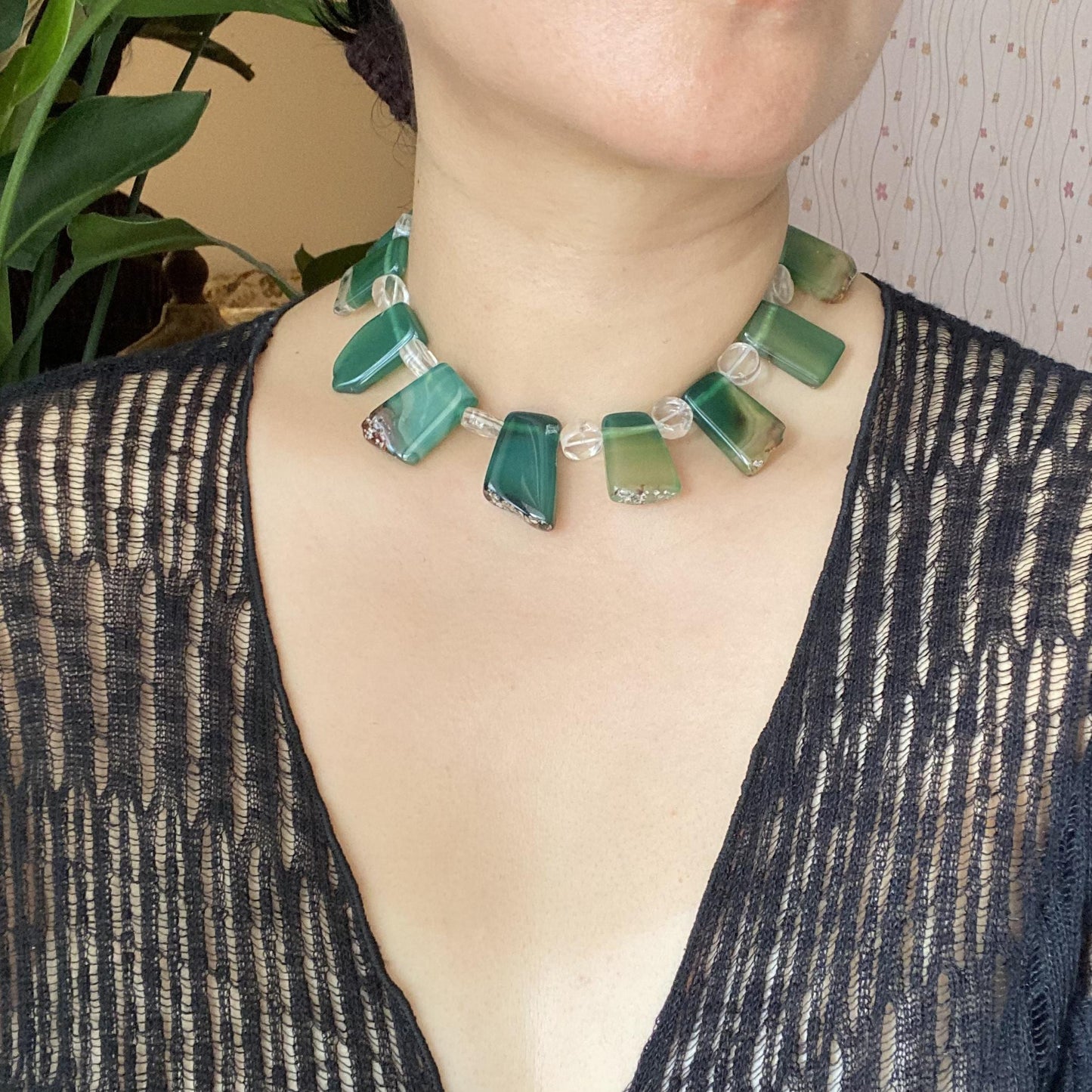 Statement Halskette aus grünem Achat · Natürlicher Kristall Choker · Handgefertigte Edelsteinkette · Geschenk für Frauen Boho Schmuck