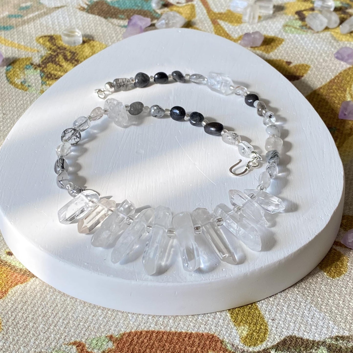 Statement Halskette mit Bergkristall-Spitzen · Boho Crystal Choker aus Quarz & Rutilquarz · 925 Silber Haken · Geschenk für Frauen