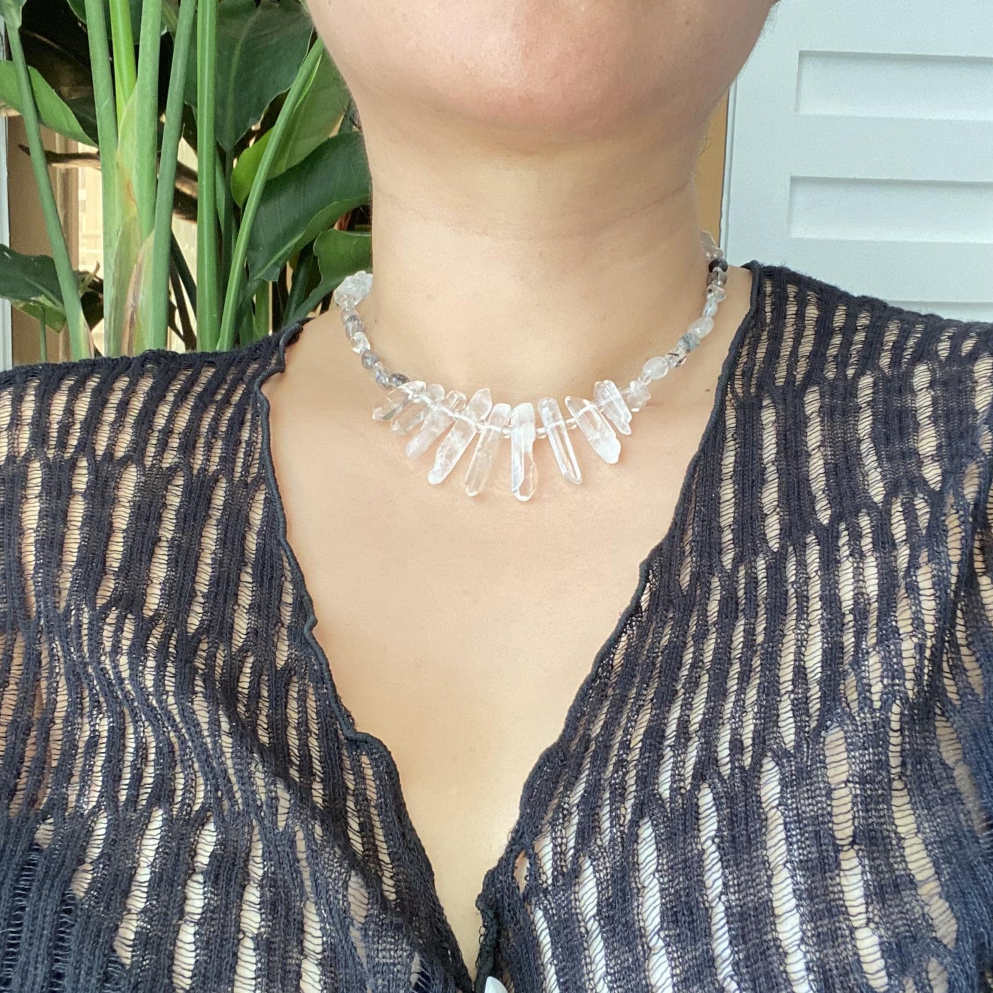 Statement Halskette mit Bergkristall-Spitzen · Boho Crystal Choker aus Quarz & Rutilquarz · 925 Silber Haken · Geschenk für Frauen