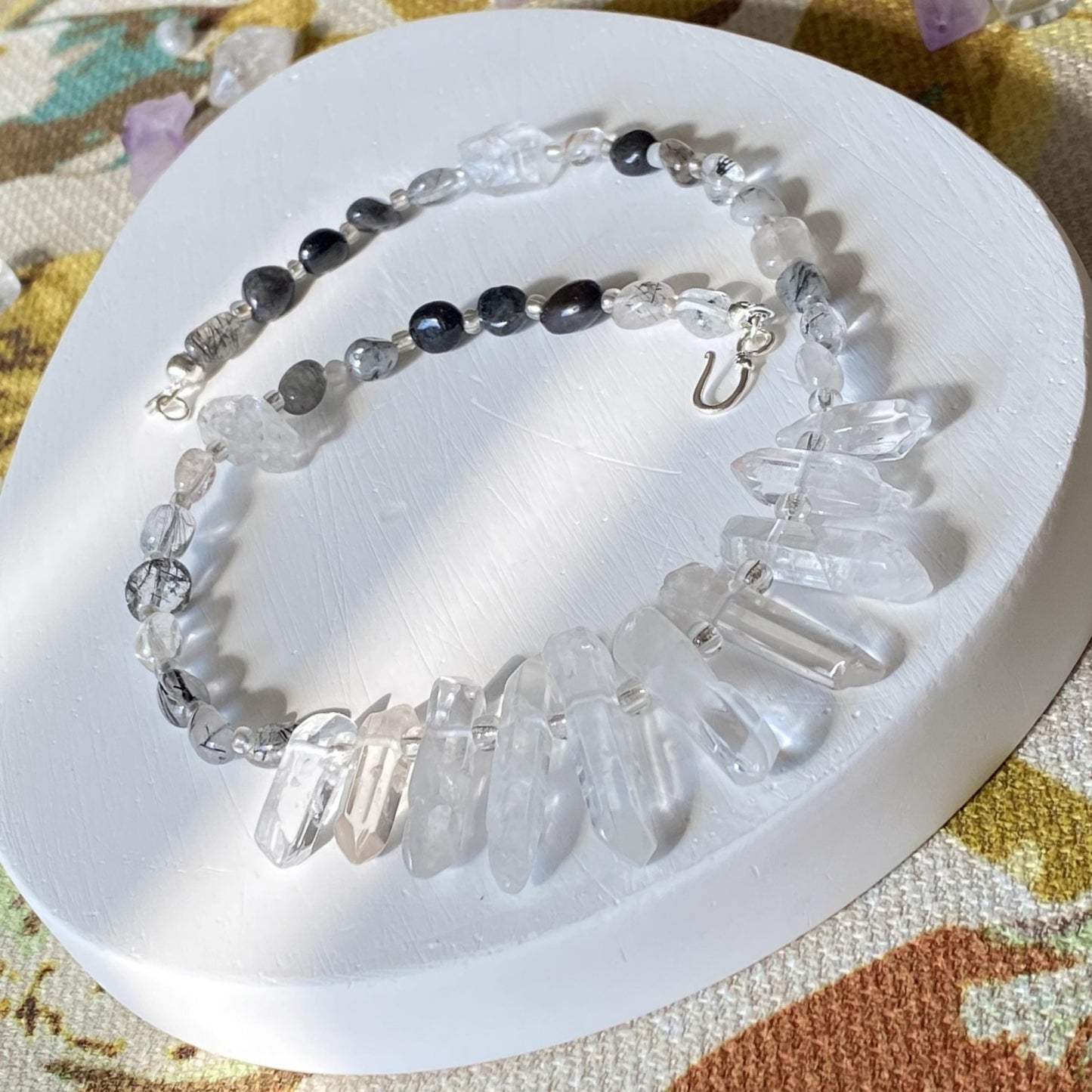 Statement Halskette mit Bergkristall-Spitzen · Boho Crystal Choker aus Quarz & Rutilquarz · 925 Silber Haken · Geschenk für Frauen