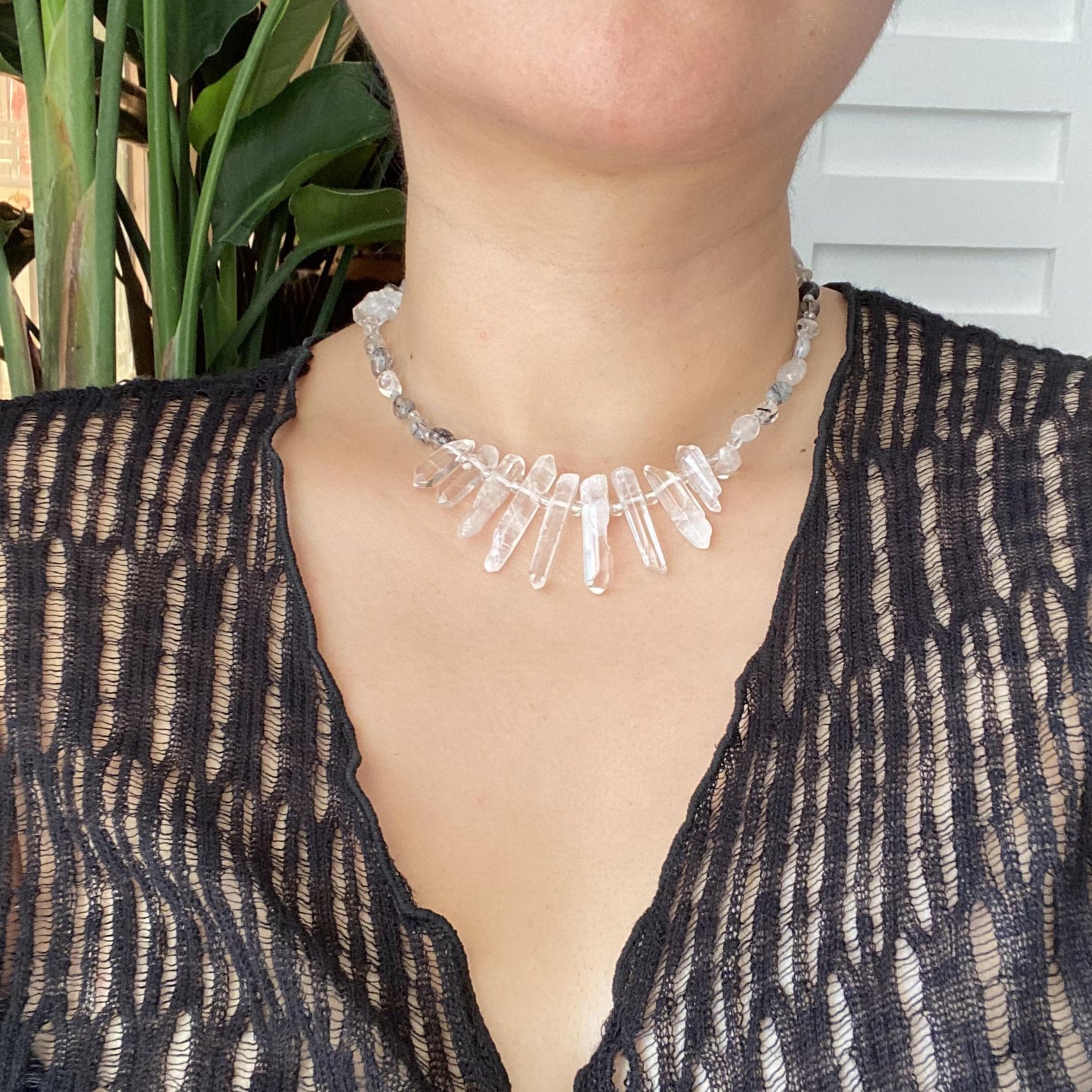 Statement Halskette mit Bergkristall-Spitzen · Boho Crystal Choker aus Quarz & Rutilquarz · 925 Silber Haken · Geschenk für Frauen