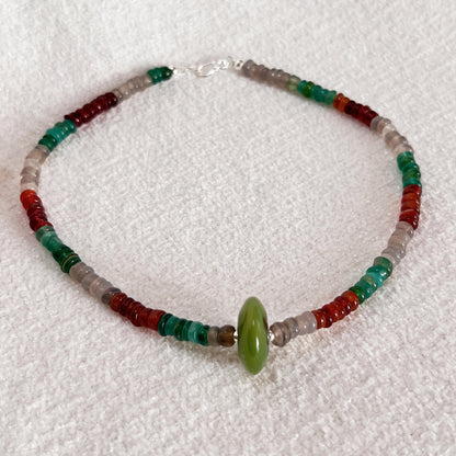 Handgefertigte bunte Achat Halskette mit grünem Anhänger, Naturstein Choker mit 925 Silber Verschluss, Boho Schmuck Geschenk für Frauen