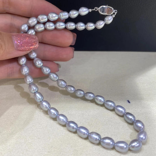 Handgefertigte graue Süßwasserperlenkette mit Boxverschluss, ovale Perlen, gefärbt, elegante Perlen für Schmuckdesign, 40 cm Länge