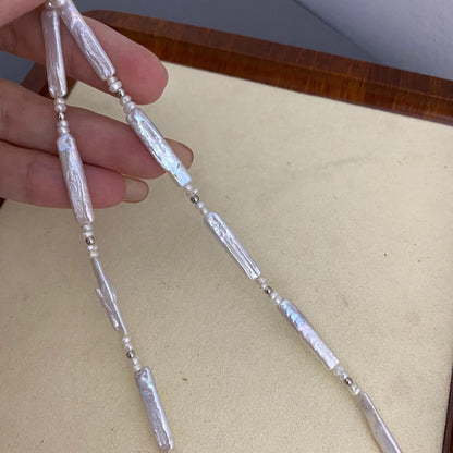 Natürliche Süßwasserperlen Halskette, weiße Biwa Stick Pearls mit Silberperlen, handgemachter Schmuck DIY Supplies Statement Perlen
