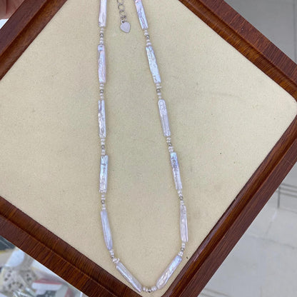 Natürliche Süßwasserperlen Halskette, weiße Biwa Stick Pearls mit Silberperlen, handgemachter Schmuck DIY Supplies Statement Perlen