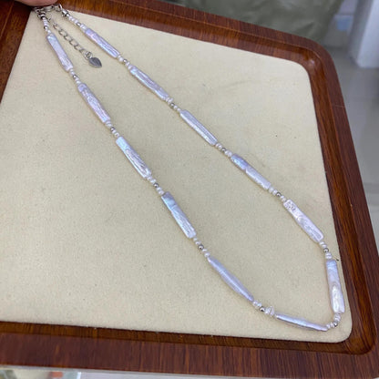Natürliche Süßwasserperlen Halskette, weiße Biwa Stick Pearls mit Silberperlen, handgemachter Schmuck DIY Supplies Statement Perlen