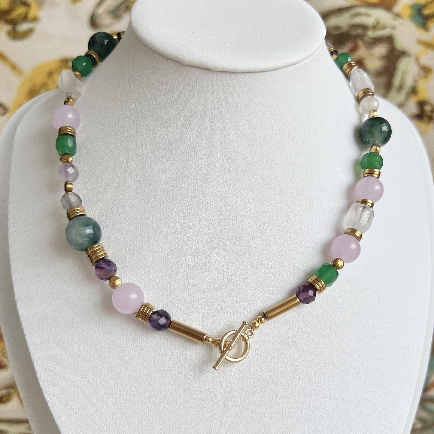Bunte Edelstein Choker Kette mit natürlichen Heilsteinen im Boho Vintage Stil, handgefertigter Schmuck als spirituelles Geschenk für sie
