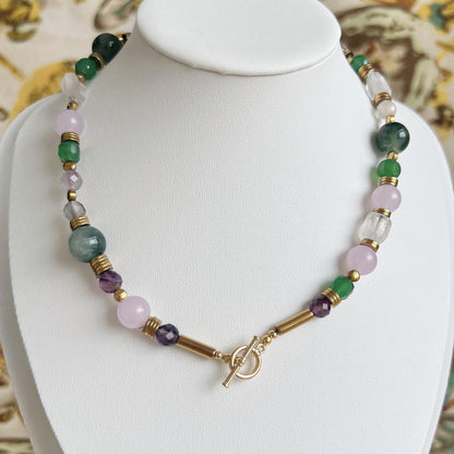 Bunte Edelstein Choker Kette mit natürlichen Heilsteinen im Boho Vintage Stil, handgefertigter Schmuck als spirituelles Geschenk für sie