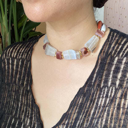 Statement Edelstein Choker mit natürlichen Achat Rohsteinen im Vintage Boho Stil, handgemachte Halsschmuck Geschenkidee für sie