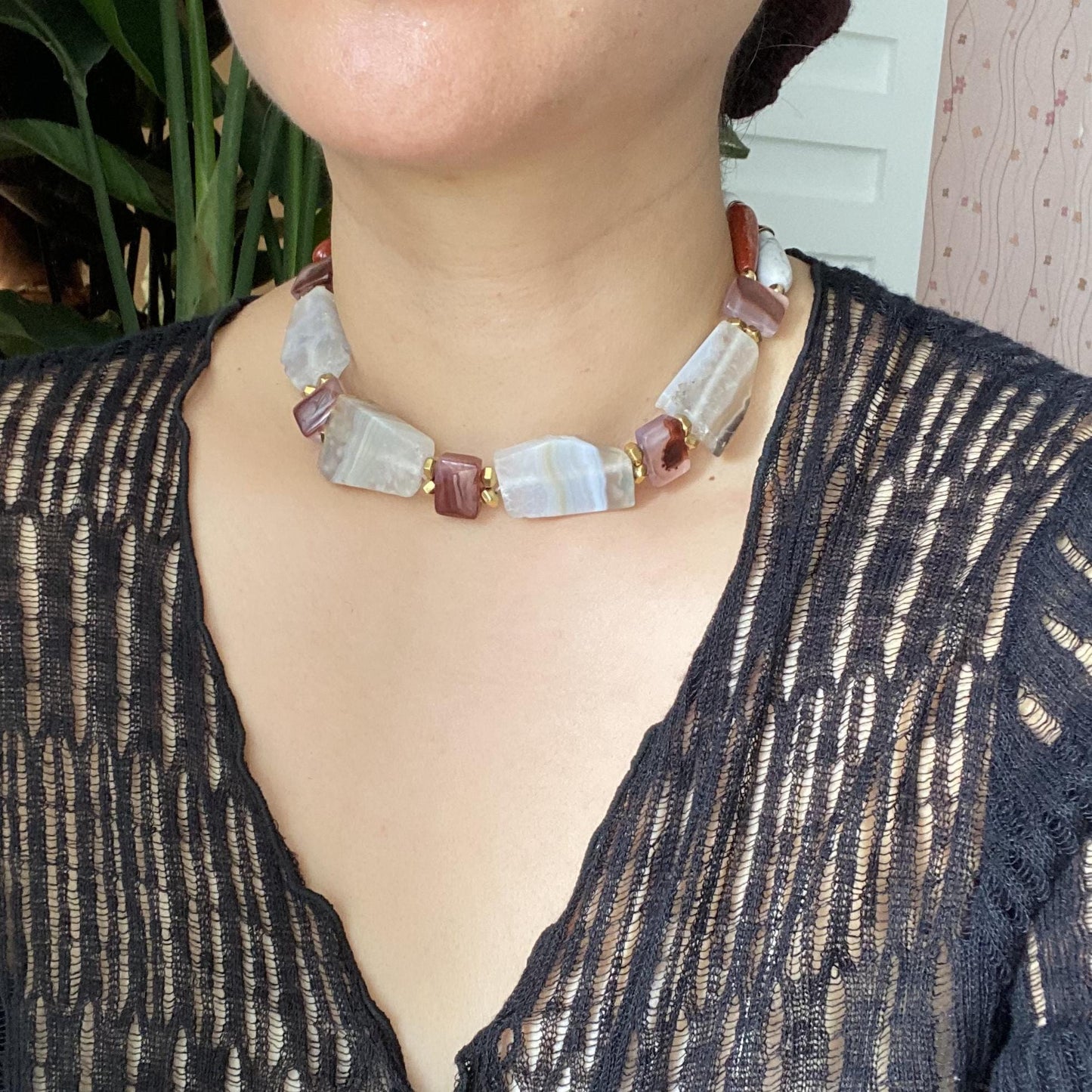 Statement Edelstein Choker mit natürlichen Achat Rohsteinen im Vintage Boho Stil, handgemachte Halsschmuck Geschenkidee für sie