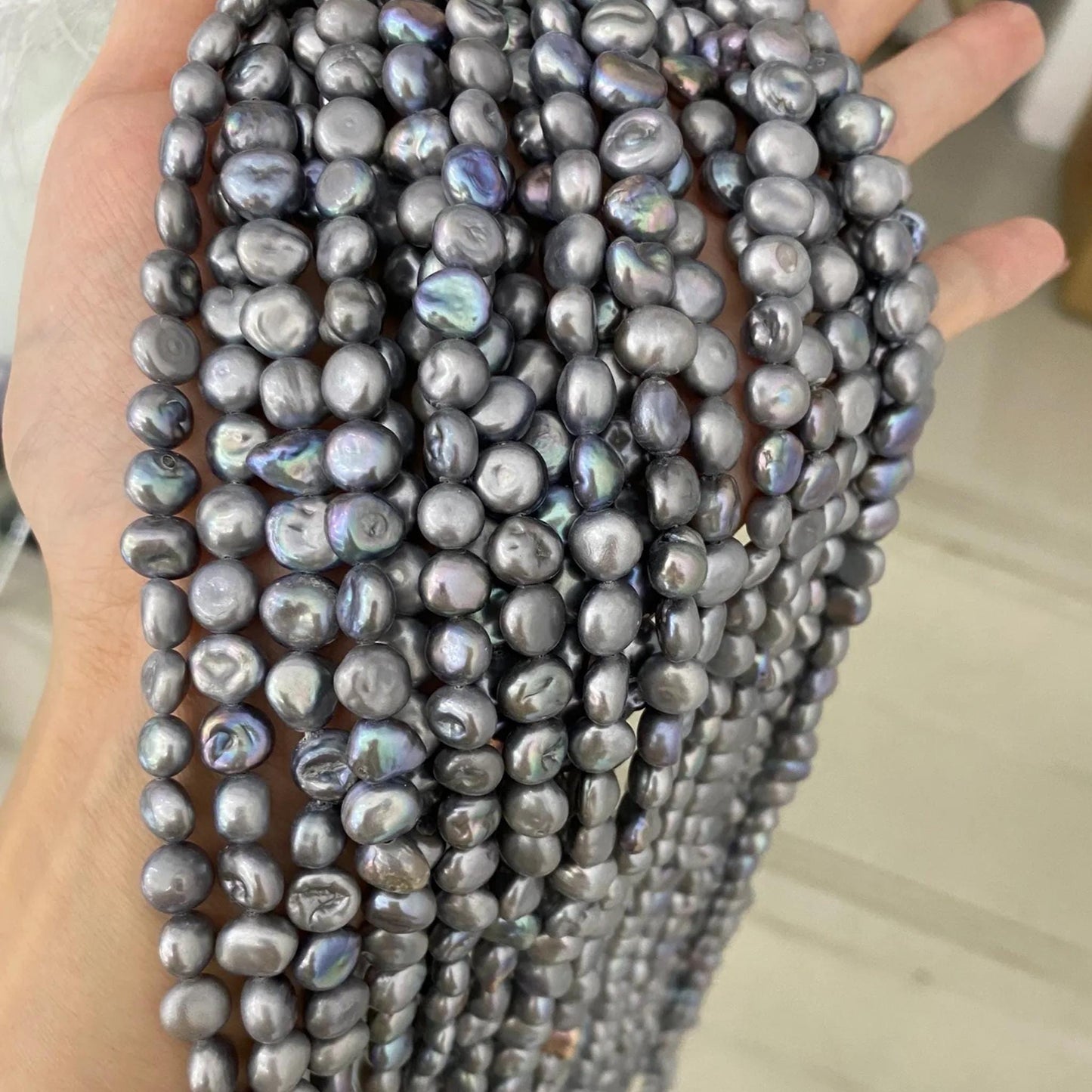 Gefärbte barocke Süßwasserperlen grau-blau für DIY Schmuck, unregelmäßige lose Perlen für Armband Halskette, Bastelperlen Strang