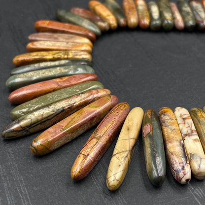 Naturstein Perlen Picasso Jaspis Spike Form für Boho Schmuck DIY, Bastelperlen zum Ketten Ohrringe Armband Design, 38cm Strang