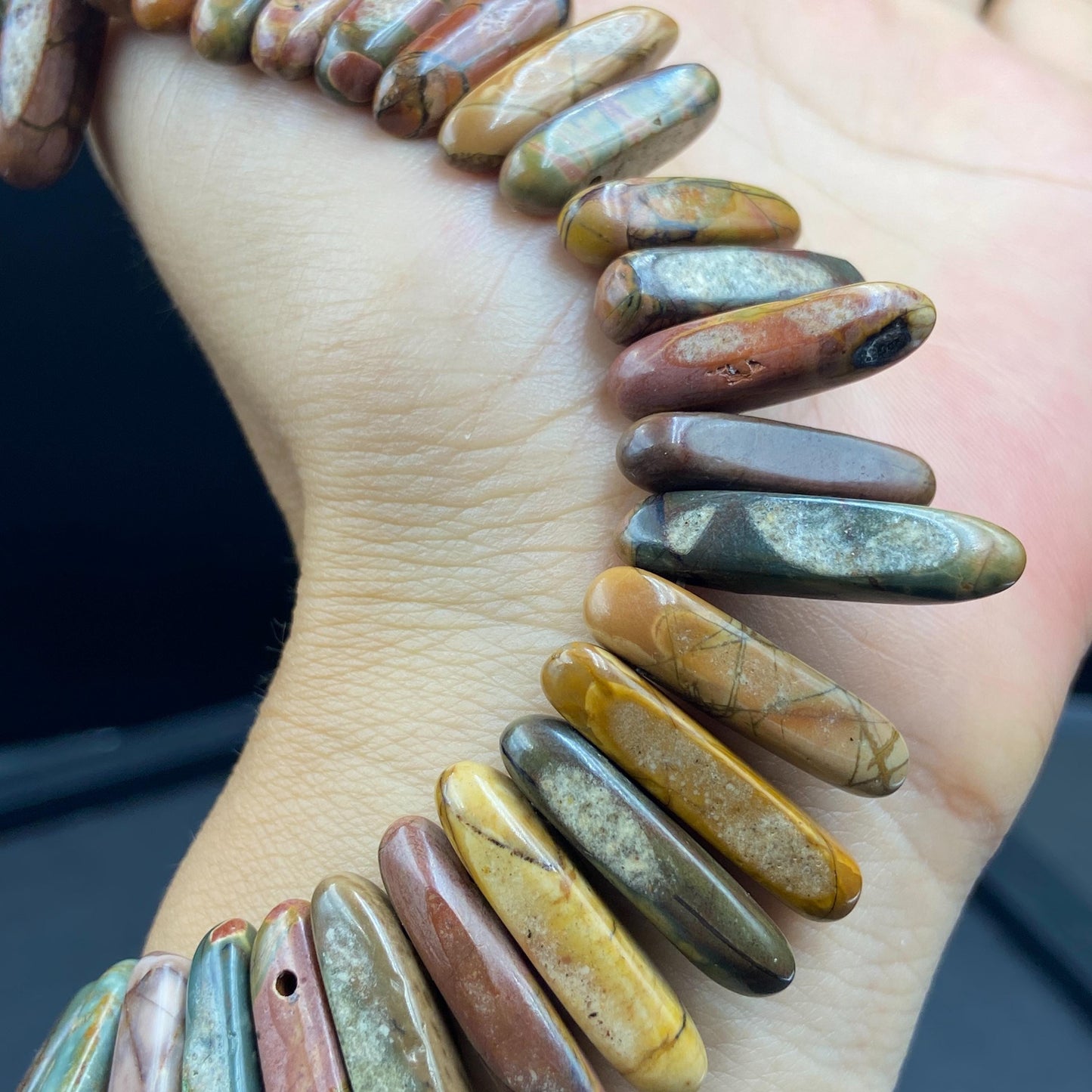 Naturstein Perlen Picasso Jaspis Spike Form für Boho Schmuck DIY, Bastelperlen zum Ketten Ohrringe Armband Design, 38cm Strang