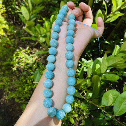 Natürliche Amazonit Perlen rund 14mm, glatte Edelstein Strang für Schmuckherstellung, Boho DIY Bastelperlen, Heilstein Kette Armband Perlen