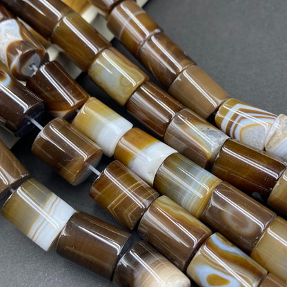 Naturstein Perlen braun gestreift für Schmuckherstellung, Boho DIY Zylinder Edelstein, Achat Bastelperlen für Armband oder Halskette