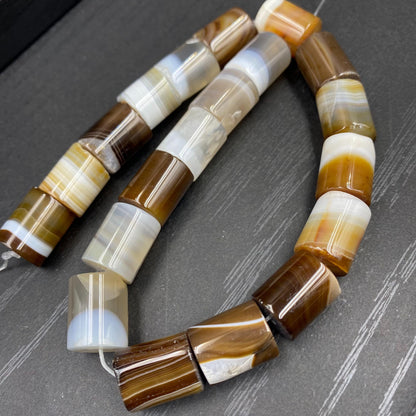 Naturstein Perlen braun gestreift für Schmuckherstellung, Boho DIY Zylinder Edelstein, Achat Bastelperlen für Armband oder Halskette
