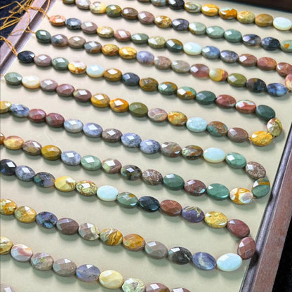 Bunter Edelstein Mix aus facettiertem Alashan Jaspis für DIY Boho Schmuck, Naturstein Ovalperlen zum Basteln & Energiearbeit