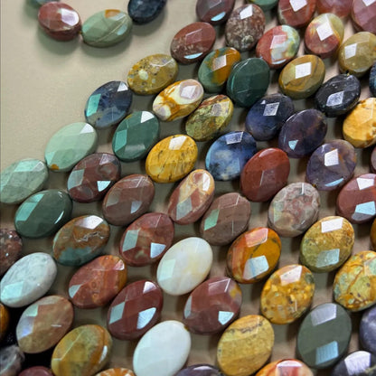 Bunter Edelstein Mix aus facettiertem Alashan Jaspis für DIY Boho Schmuck, Naturstein Ovalperlen zum Basteln & Energiearbeit