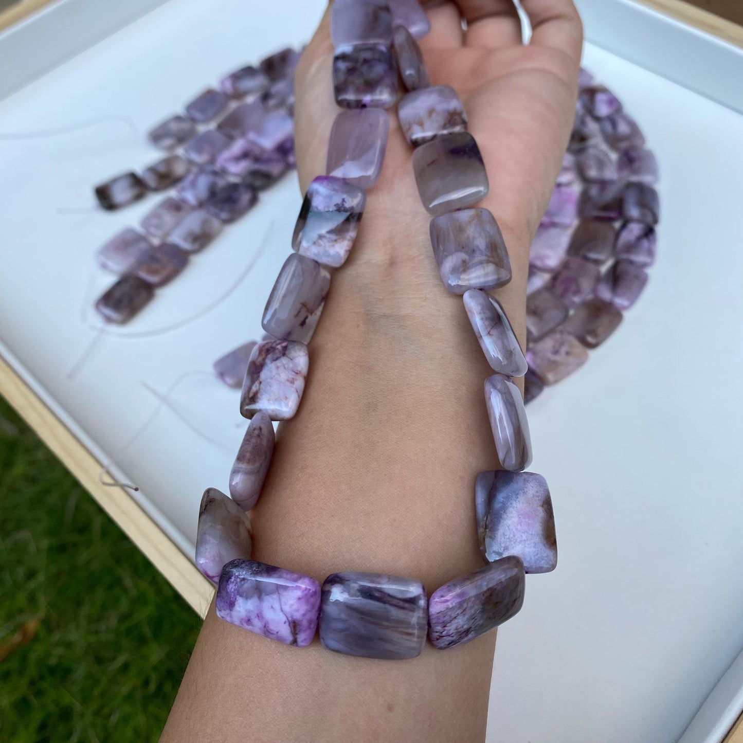 Natürliche lila Achat Rechteck-Perlen für Schmuckherstellung, polierte Edelsteinperlen, DIY Boho Stil, für Halsketten & Armbänder