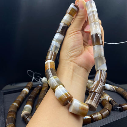Naturstein Perlen braun gestreift für Schmuckherstellung, Boho DIY Zylinder Edelstein, Achat Bastelperlen für Armband oder Halskette