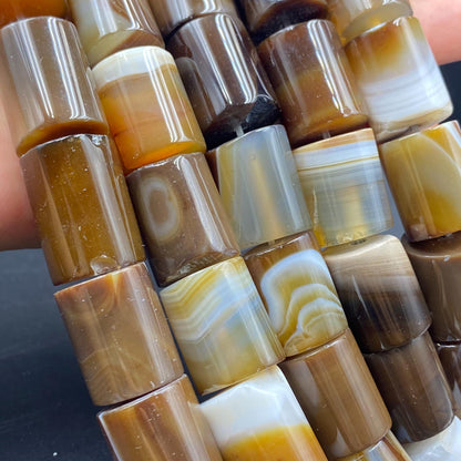 Naturstein Perlen braun gestreift für Schmuckherstellung, Boho DIY Zylinder Edelstein, Achat Bastelperlen für Armband oder Halskette