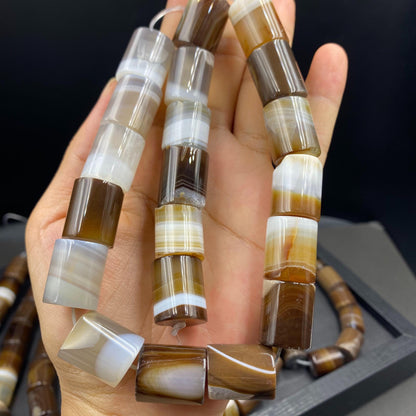 Naturstein Perlen braun gestreift für Schmuckherstellung, Boho DIY Zylinder Edelstein, Achat Bastelperlen für Armband oder Halskette