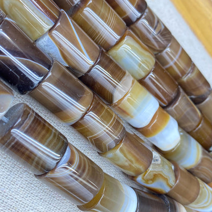 Naturstein Perlen braun gestreift für Schmuckherstellung, Boho DIY Zylinder Edelstein, Achat Bastelperlen für Armband oder Halskette