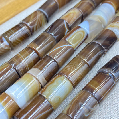 Naturstein Perlen braun gestreift für Schmuckherstellung, Boho DIY Zylinder Edelstein, Achat Bastelperlen für Armband oder Halskette