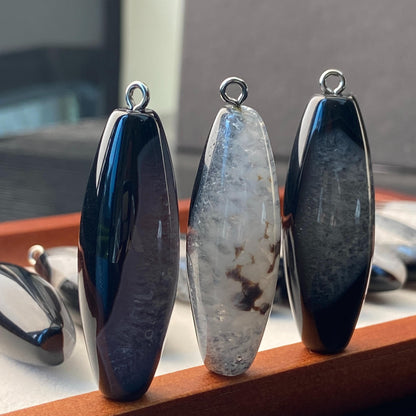 Natürlicher Kristall-Achat Anhänger für Schmuckherstellung – Boho DIY Perle, gebohrt, schwarzer & weißer Stein, Heilstein Unikat