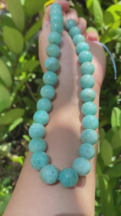 Natürliche Amazonit Perlen rund 14mm, glatte Edelstein Strang für Schmuckherstellung, Boho DIY Bastelperlen, Heilstein Kette Armband Perlen