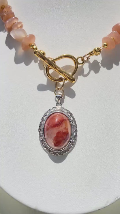 Orange Sunstone Beaded Necklace with Phantom Quartz Pendant｜Handmade Natural Gemstone Jewelry｜Spiritual Healing Gift