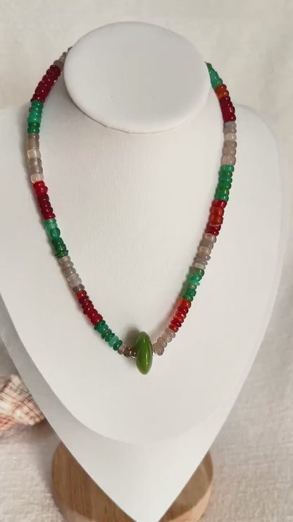Handgefertigte bunte Achat Halskette mit grünem Anhänger, Naturstein Choker mit 925 Silber Verschluss, Boho Schmuck Geschenk für Frauen