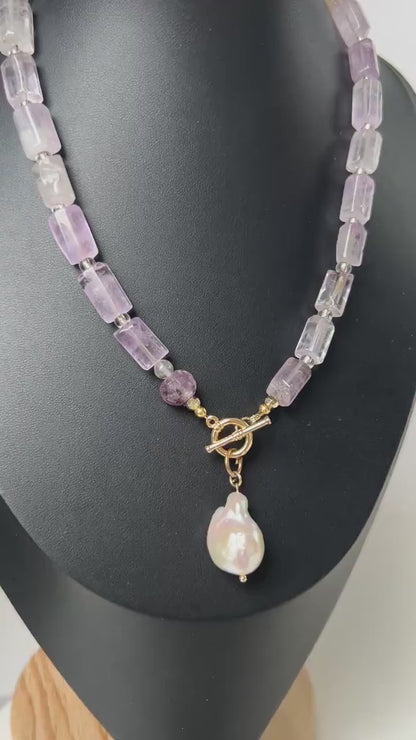 Lavender Amethyst Cube Bead Necklace with Baroque Pearl Pendant｜Handmade Purple Gemstone Jewelry｜Unique Gift for Women