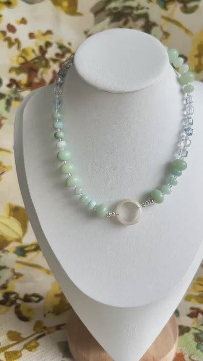 Mint Green Choker Necklace | Bodhi Wood Beads & Ice Blue Crystal Cubes with White Ring Pendant | Boho Statement Jewelry Gift for Her