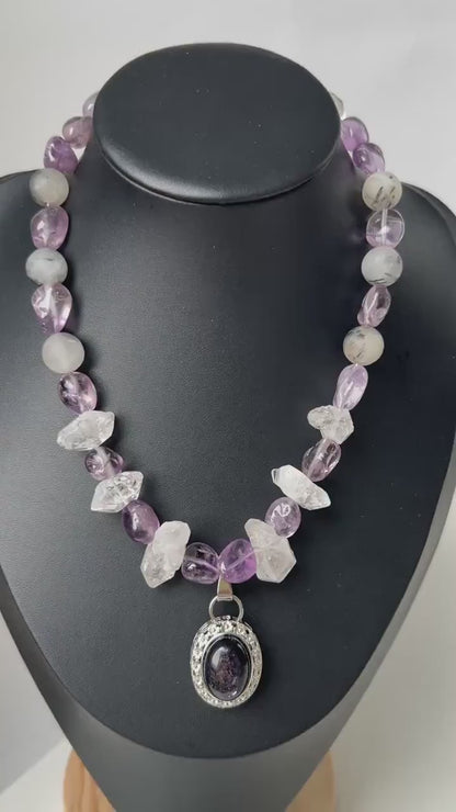 Chunky Amethyst & Clear Quartz Necklace with Moonstone Pendant｜Handmade Vintage-Style Statement Jewelry for Women