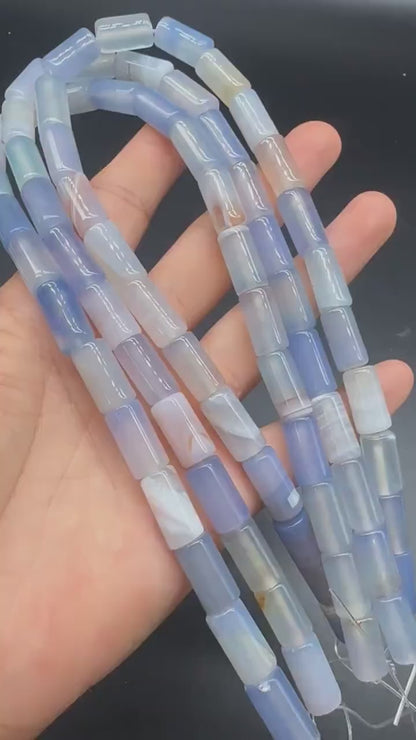 Natural Sea Blue Chalcedony Tube Beads 8×16 mm · 38 cm Strand | Polished Cylinder Beads | DIY Bracelet, Necklace, Home Décor & Gift Accessories