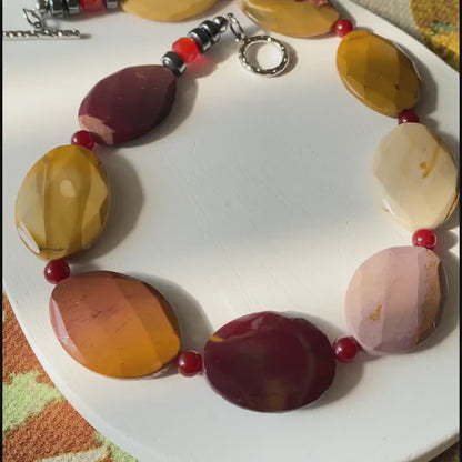 Bold Gemstone Necklace with Chunky Navette-Cut Red Agate & Hematite Beads | Handmade Boho Ethnic Statement Jewelry Gift