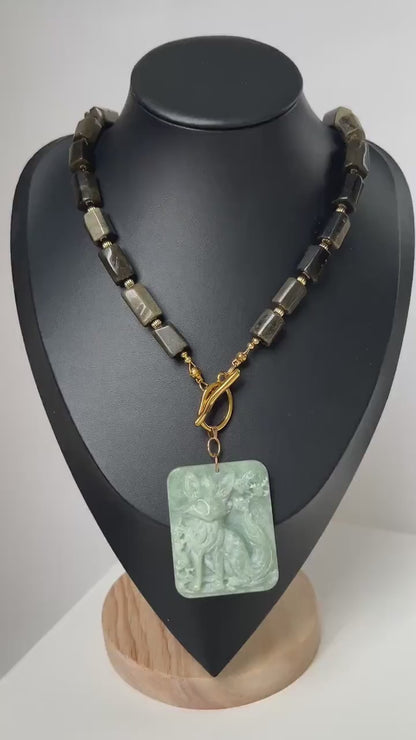 Gold Obsidian Fox Necklace｜Hand-Carved Jade Pendant｜Spiritual Healing Amulet｜Protective Talisman Jewelry Gift for Women